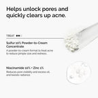 Infographic showing how the set unlocks pores and clears acne. Details Sulfur 10% to reduce pimple size and redness next to a powder swatch, and Niacinamide 10% + Zinc 1% to reduce pore visibility, excess oil, and boost radiance.