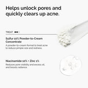 Infographic showing how the set unlocks pores and clears acne. Details Sulfur 10% to reduce pimple size and redness next to a powder swatch, and Niacinamide 10% + Zinc 1% to reduce pore visibility, excess oil, and boost radiance.
