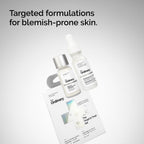 An angled studio shot of The Ordinary Target & Treat Set box and blemish treatments against a gradient backdrop. Overhead text reads: Targeted formulations for blemish-prone skin.